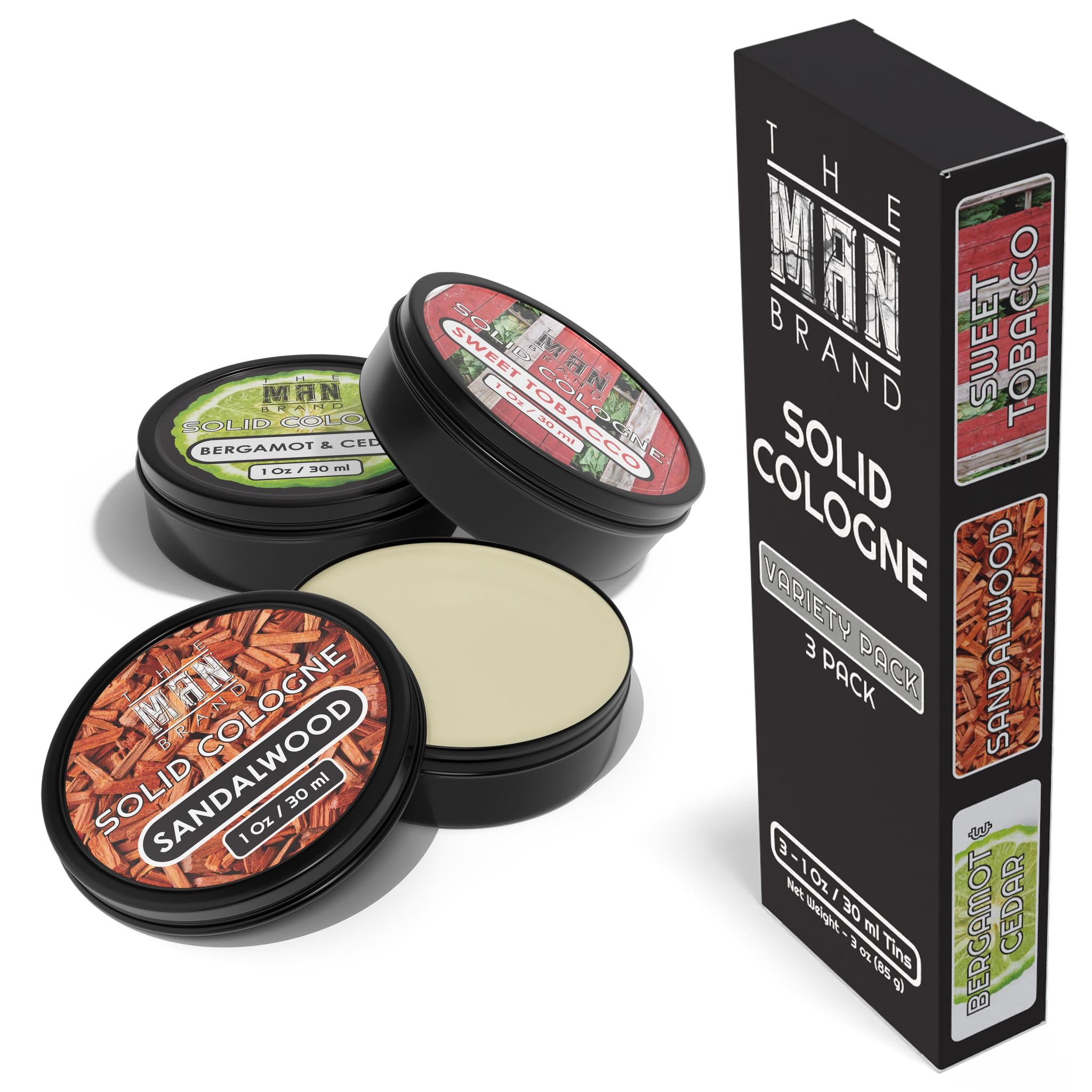 The Man Brand’s Solid Cologne - Bergamot and Cedar, Sandalwood, Sweet Tobacco - 1 oz each