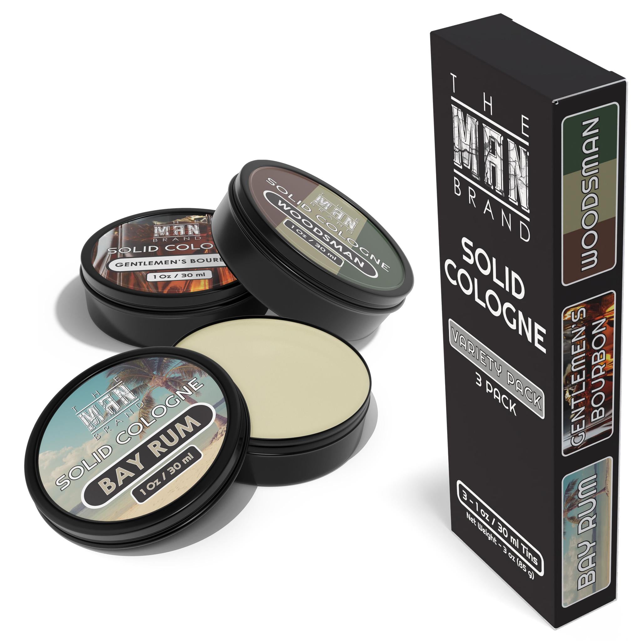 The Man Brand’s Solid Cologne Variety Pack - Bay Rum, Gentlemen's Bourbon, Woodsman - 1 oz each