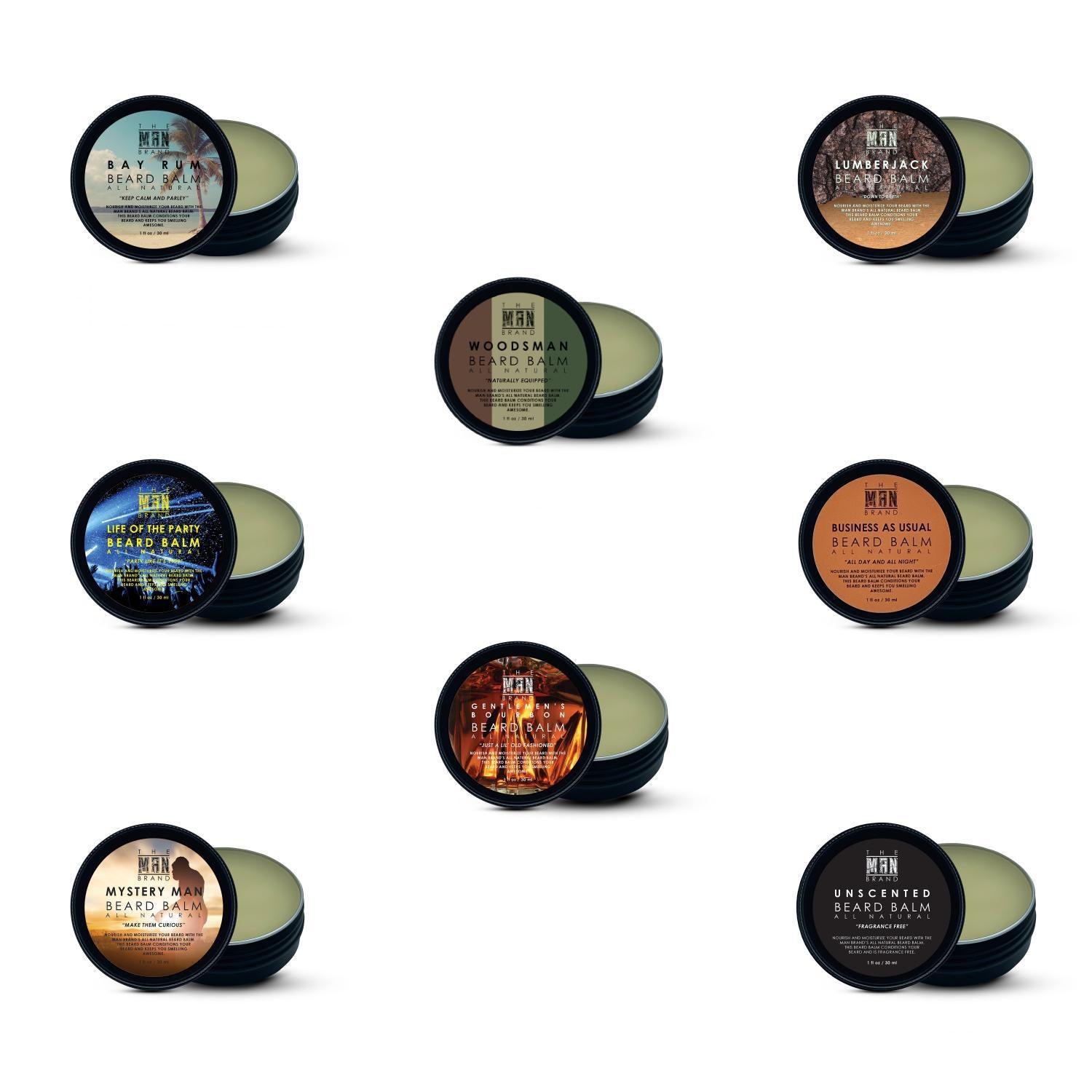 The Man Brand Beard Balm Sample Pack for Men - Natural Beeswax Based Conditioning Balm For Beard Care - Scented Beard Balm For Styling in a Round Screw Top Tin
