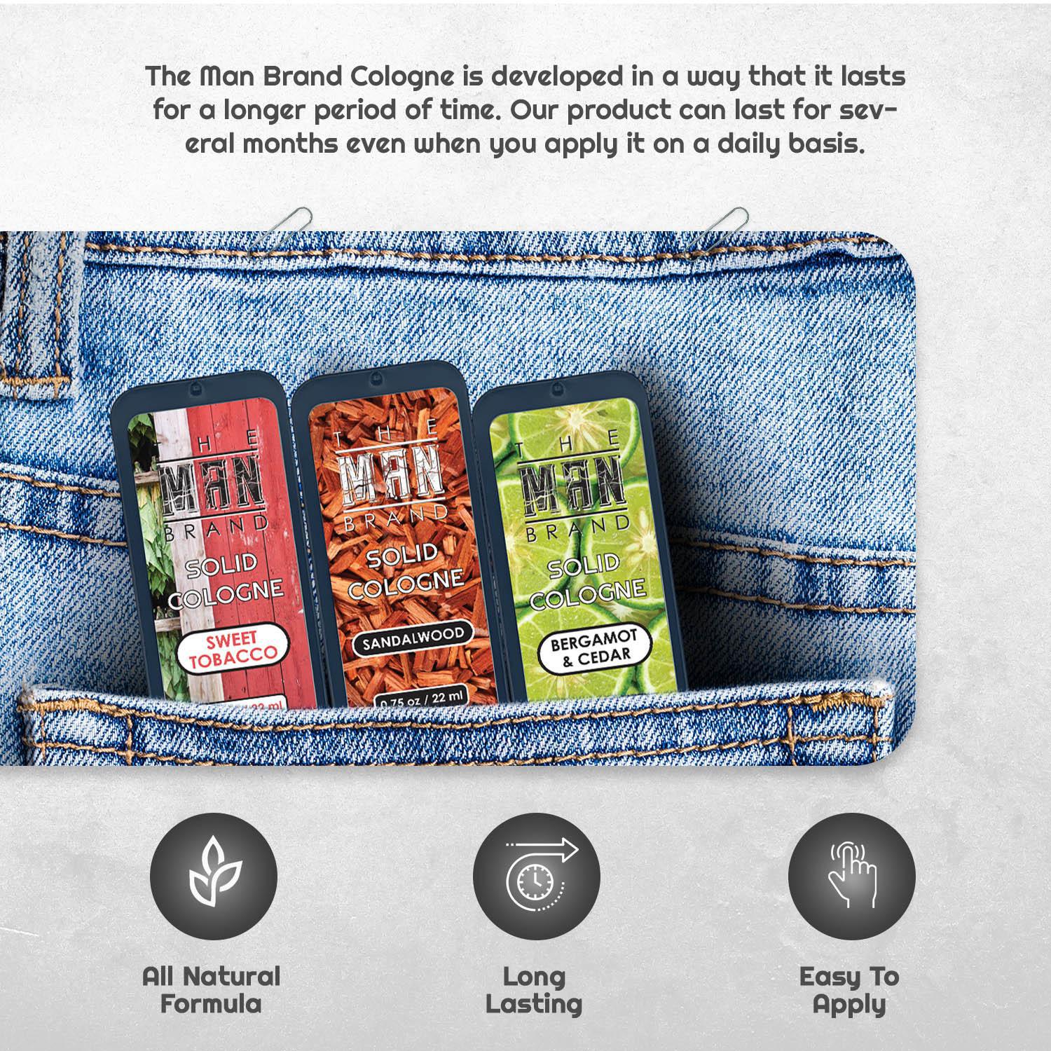 The Man Brand’s Solid Cologne - Bergamot and Cedar, Sandalwood, Sweet Tobacco - 0.75  oz each