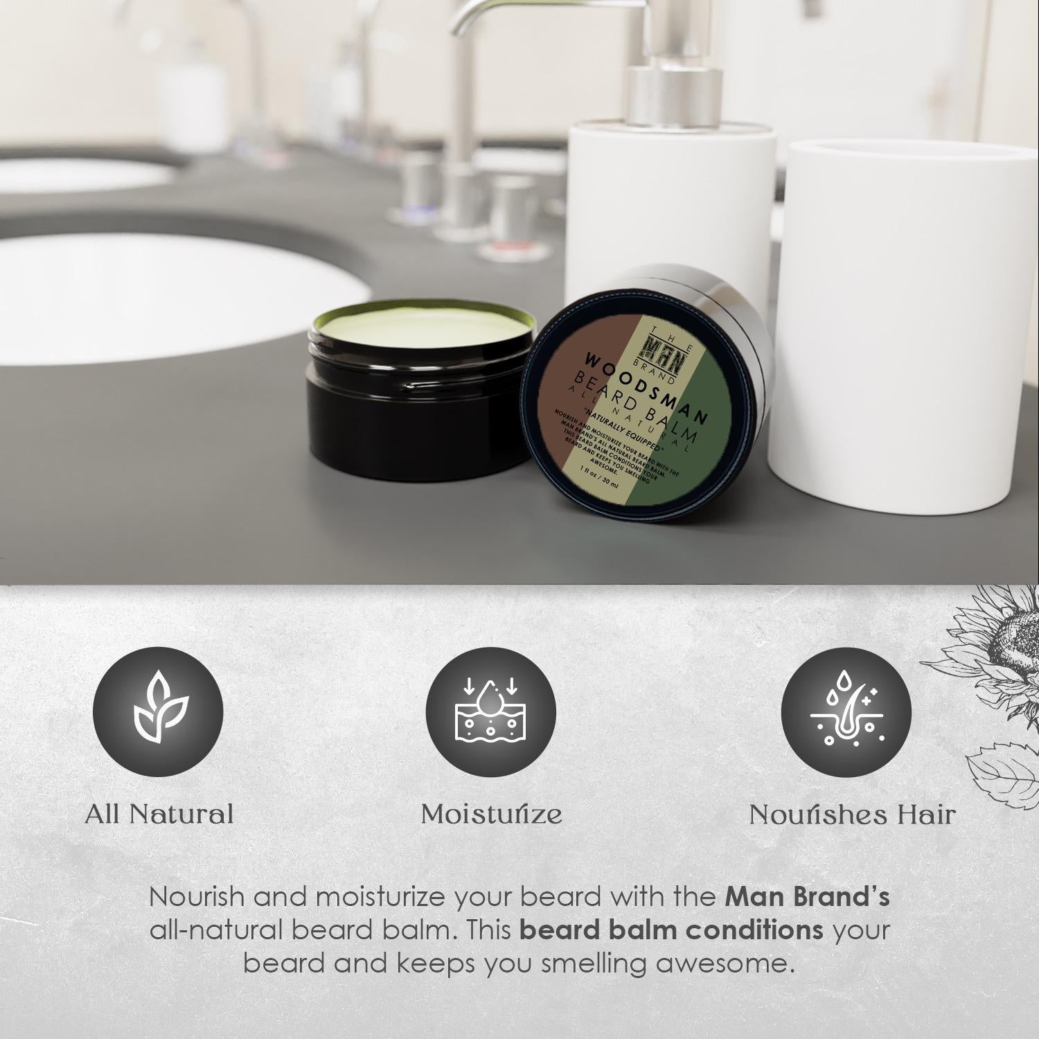 The Man Brand Beard Balm Sample Pack for Men - Natural Beeswax Based Conditioning Balm For Beard Care - Scented Beard Balm For Styling in a Round Screw Top Tin