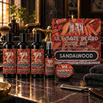 Sandalwood Ultimate Beard Kit on a bathroom vanity
