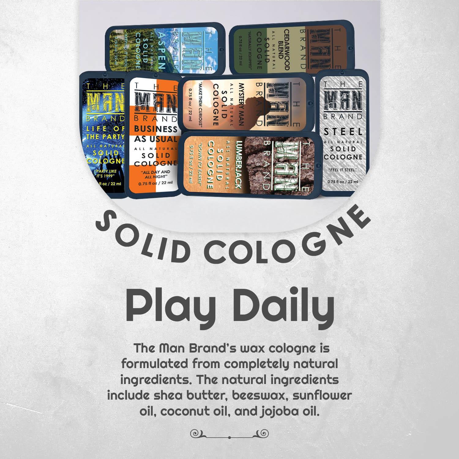Play Daily Solid Cologne Sample Set - Pack of 7 - Vintage Slide Tin - 0.75 Ounce Each