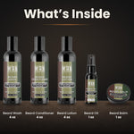 What's inside the Cedarwood Blend Ultimate Beard Kit: beard wash, conditioner, lotion, balm and oil
