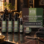 Cedarwood Blend Ultimate Beard Kit on a bathroom vanity