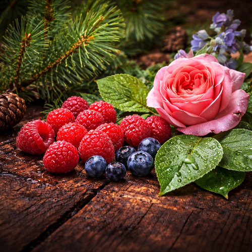 Pine, Raspberry, Rose, Floral