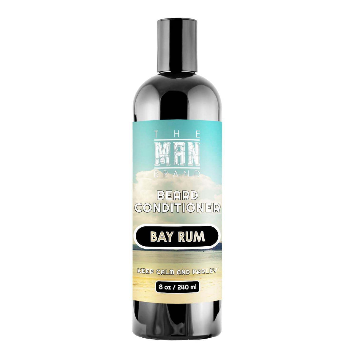 Bay Rum Beard Conditioner in a black bottle with turquoise and cream label, featuring a black cap and Bay Rum scent label.