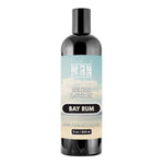 Bay Rum Beard Lotion in a black plastic bottle with a pale blue and beige label and bold scent text.