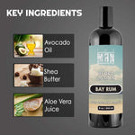 Bay Rum Beard Lotion in a black bottle with an aqua and beige label, featuring a pump-free flip-top cap.