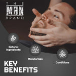 Bay Rum Beard Lotion with natural ingredients, shown moisturizing and conditioning a man's beard during grooming.