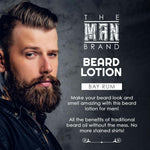 Bay Rum Beard Lotion in a black-labeled container, featuring white lettering and a bearded man illustration.