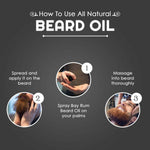 Bay Rum Beard Oil instructional graphic with white text and numbered circles illustrating three steps for applying beard oil.