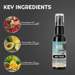 Bay Rum Beard Oil in a black spray bottle with a turquoise and beige label, shown with ingredient illustrations.