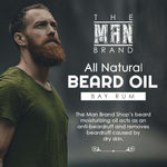 Bay Rum Beard Oil product graphic with white lettering and a bearded man in an olive green shirt, labeled all natural.