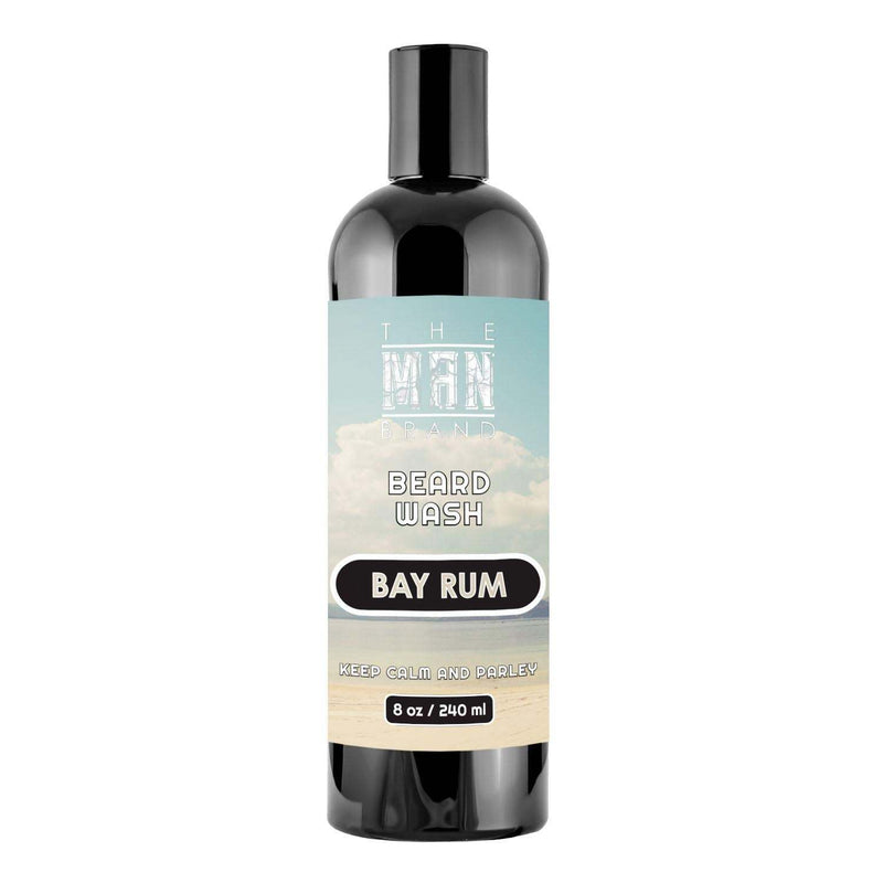 Bay Rum Beard Wash in a glossy black 8-ounce bottle with a pale blue and sandy beach-inspired label and bold lettering.