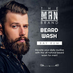 Bay Rum Beard Wash for men, shown with bold white lettering and a model with a full, dark beard.