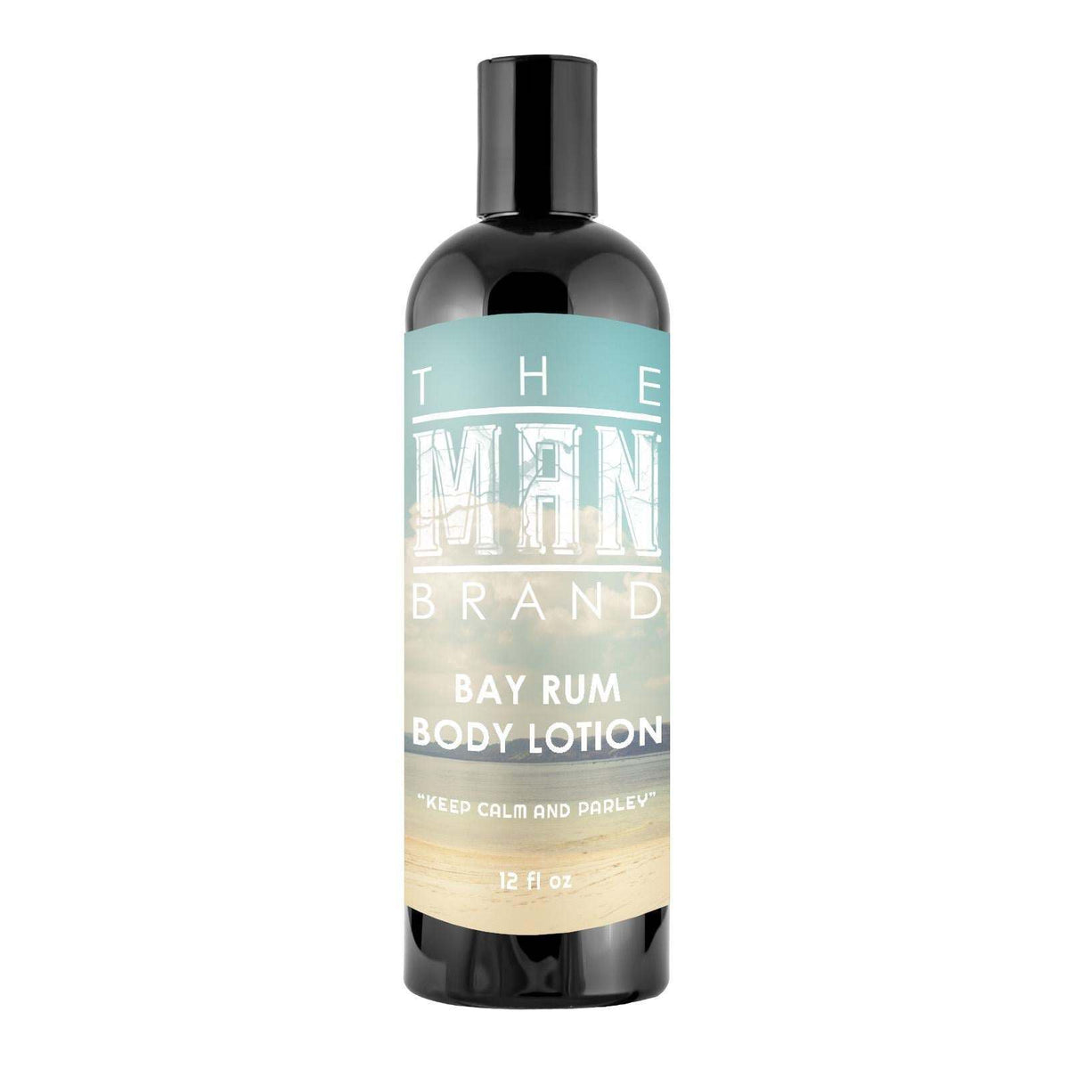 Bay Rum Body Lotion in a black plastic bottle with a turquoise, cream, and tan label and black cap.