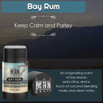 Bay Rum Natural Aluminum-Free Deodorant in a black twist-up stick with a cream and blue label and Bay Rum scent details.