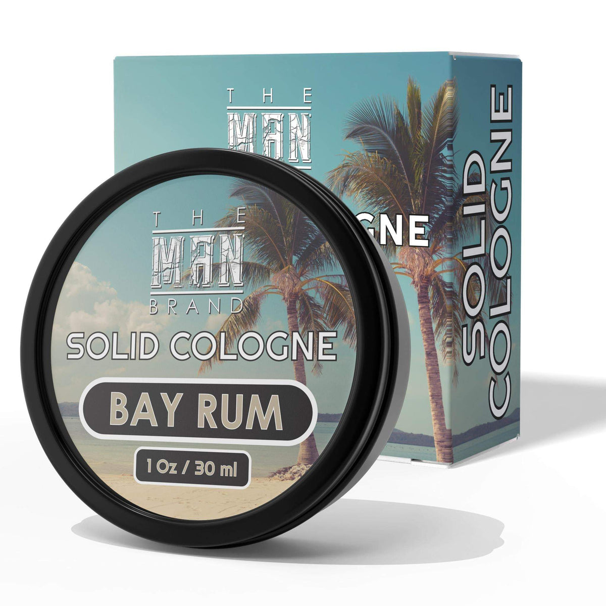 Bay Rum Solid Cologne in a black round tin, featuring a tropical palm tree label and matching teal box.