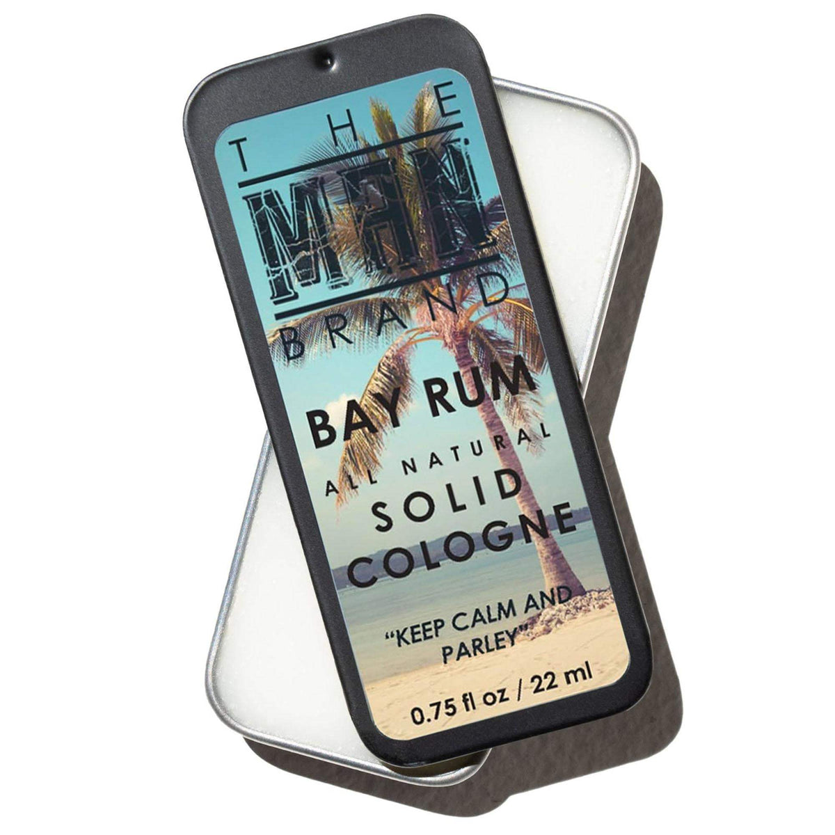 Bay Rum Solid Cologne in a dark gray vintage slide tin, with a colorful tropical palm-tree label and silver interior.