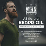Bergamot and Cedar Beard Oil product graphic with bold white lettering, featuring a bearded man in a green shirt and scent label.
