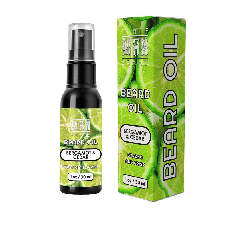 Bergamot and Cedar Beard Oil in a black spray bottle and green citrus-patterned box, with bold beard oil lettering.
