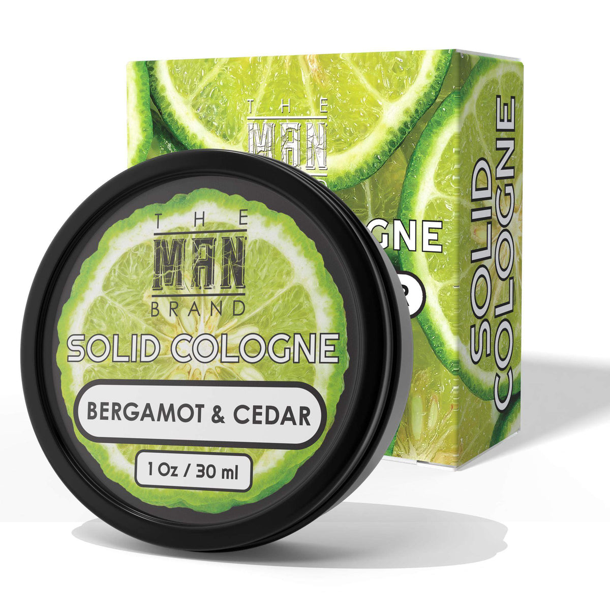 Bergamot and Cedar Solid Cologne in a black round tin, with a green lime-patterned label and matching box.