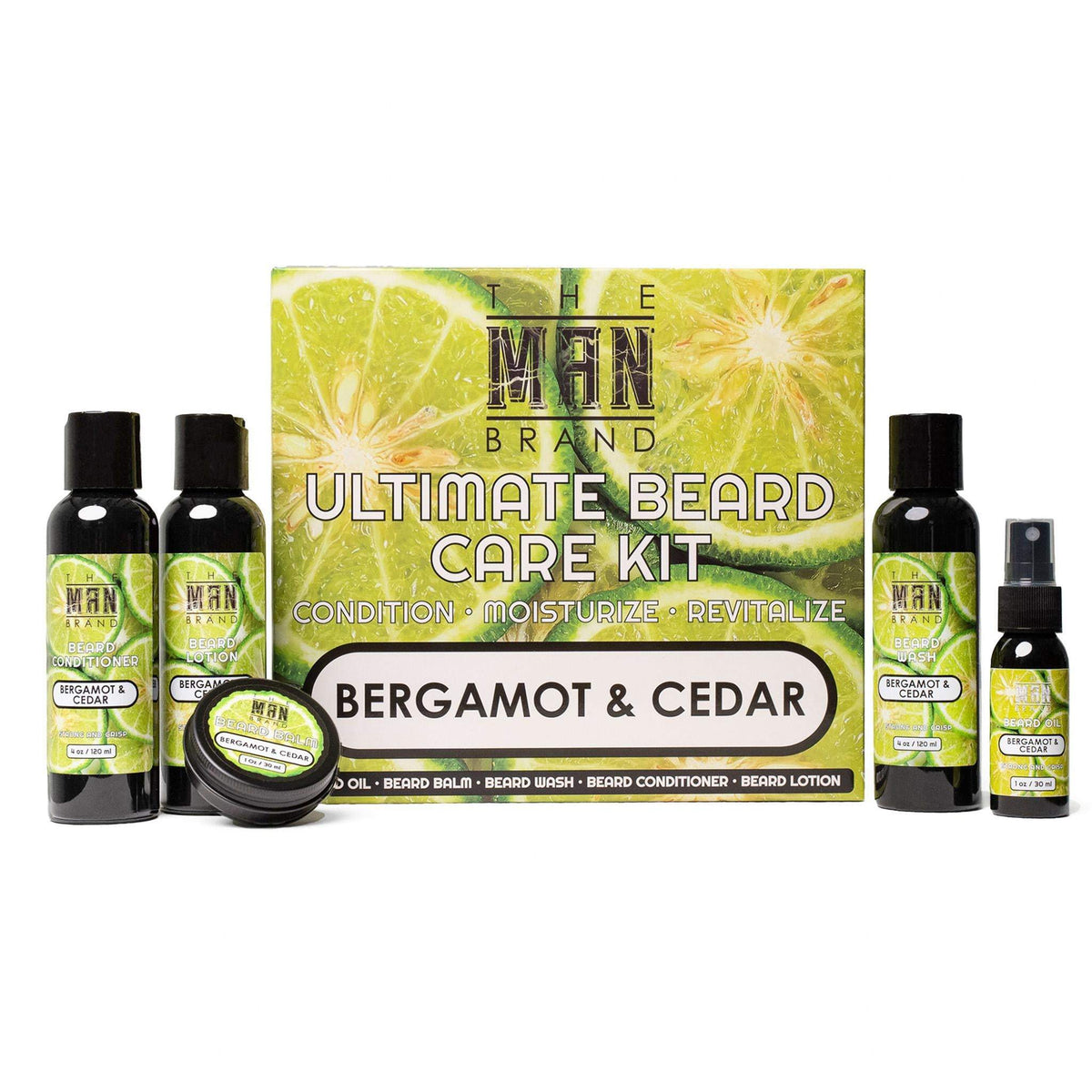 Beard care kit with green citrus-printed packaging and black bottles and jars, featuring Bergamot and Cedar Ultimate blend.