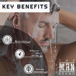 Business As Usual Conditioner benefits graphic featuring a man with wet, lathered hair and icons for moisturizing, smoothing, and natural ingredients.