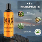 Business As Usual Conditioner in a black bottle with a bright orange label and bold black lettering.