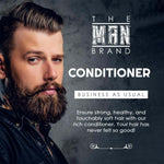 Business As Usual Conditioner, a dark, text-only product label with white lettering and The Men Brand logo.