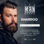 Business As Usual Shampoo, a dark charcoal product label with bold white lettering and a bearded man’s portrait.