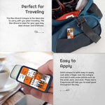 Business As Usual Solid Cologne in a blue metal slide tin with a bold orange-and-black label, shown in a travel bag and hand.