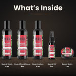 What's inside the Sweet Tobacco Ultimate Beard Kit: beard wash, conditioner, lotion, balm and oil