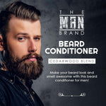 Cedarwood Blend Beard Conditioner graphic featuring a bearded man, bold white lettering, and a dark charcoal design.