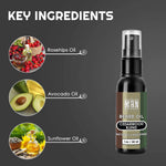 Cedarwood Blend Beard Oil in a black spray bottle with brown and olive-green label, shown with natural oil ingredients.