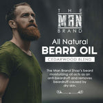 Cedarwood Blend Beard Oil poster featuring a bearded man in a dark green shirt and bold white product lettering.