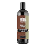Cedarwood Blend Beard Wash in a black plastic bottle with a brown and olive label and bold white lettering.
