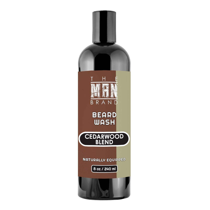 Cedarwood Blend Beard Wash in a black plastic bottle with a brown and olive label and bold white lettering.