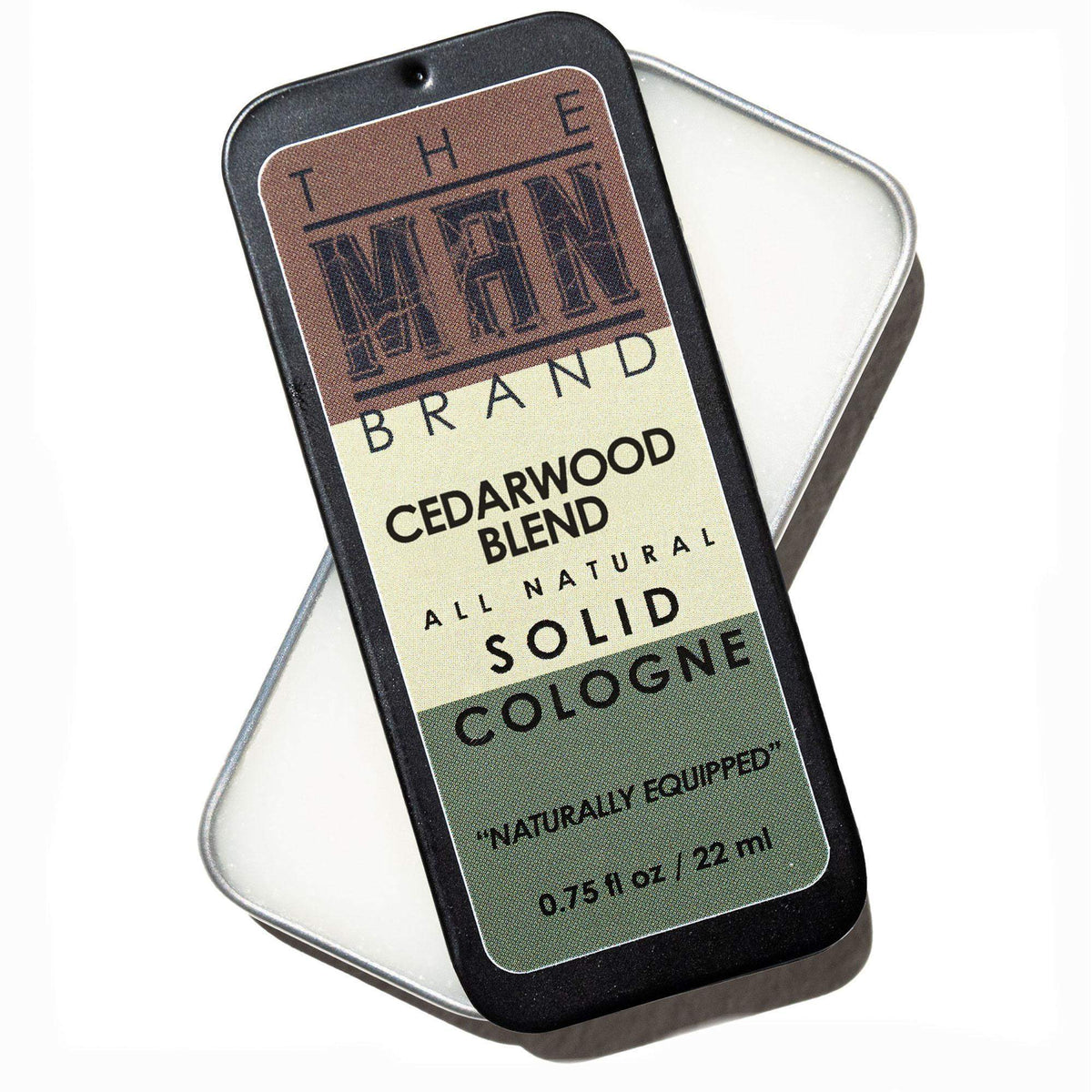 Cedarwood Blend Solid Cologne in a black metal slide tin, with a vintage-style label and 0.75-ounce size.