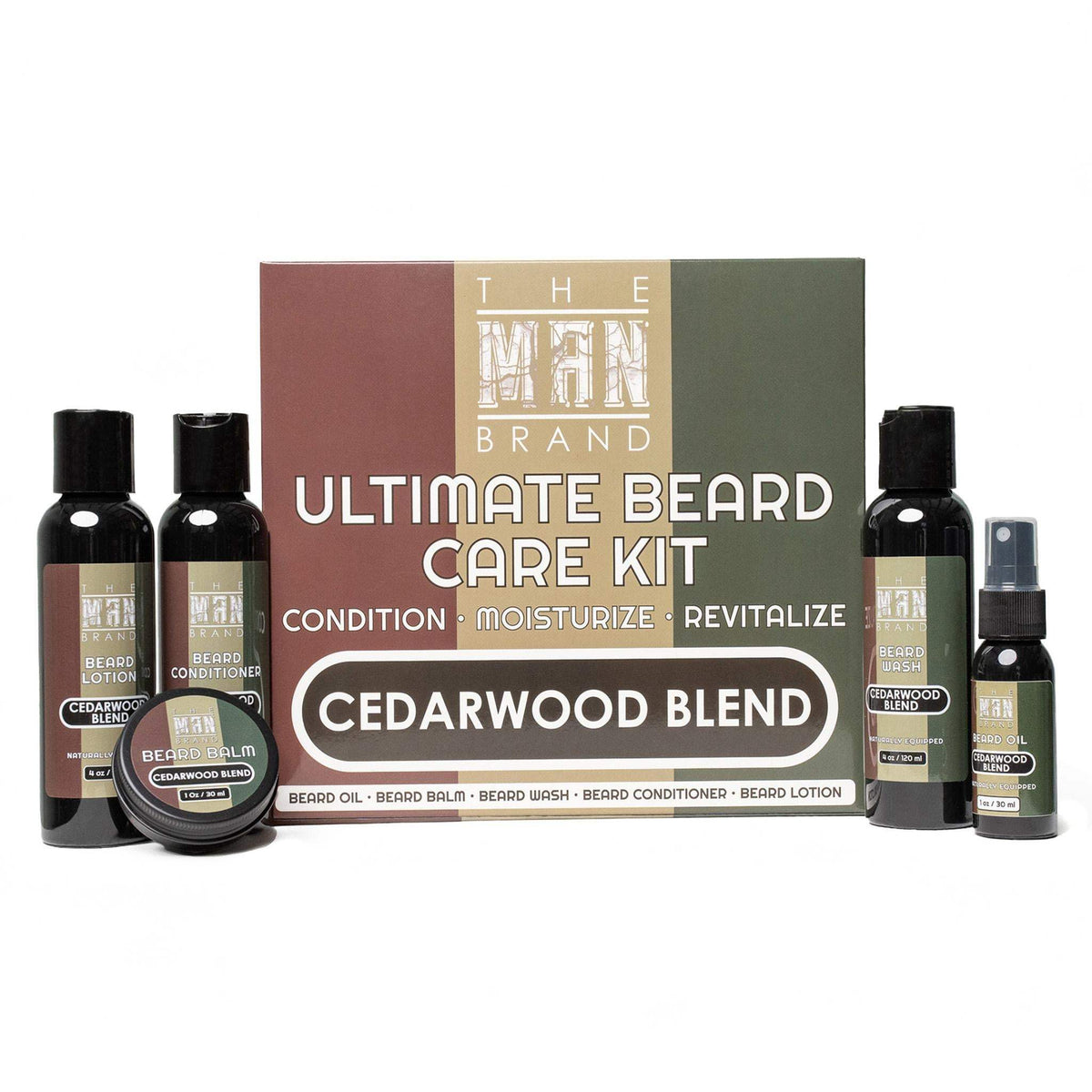 Cedarwood Blend Ultimate Beard Kit with brown and black grooming bottles and tins, featuring a cedarwood label and boxed set of five products.