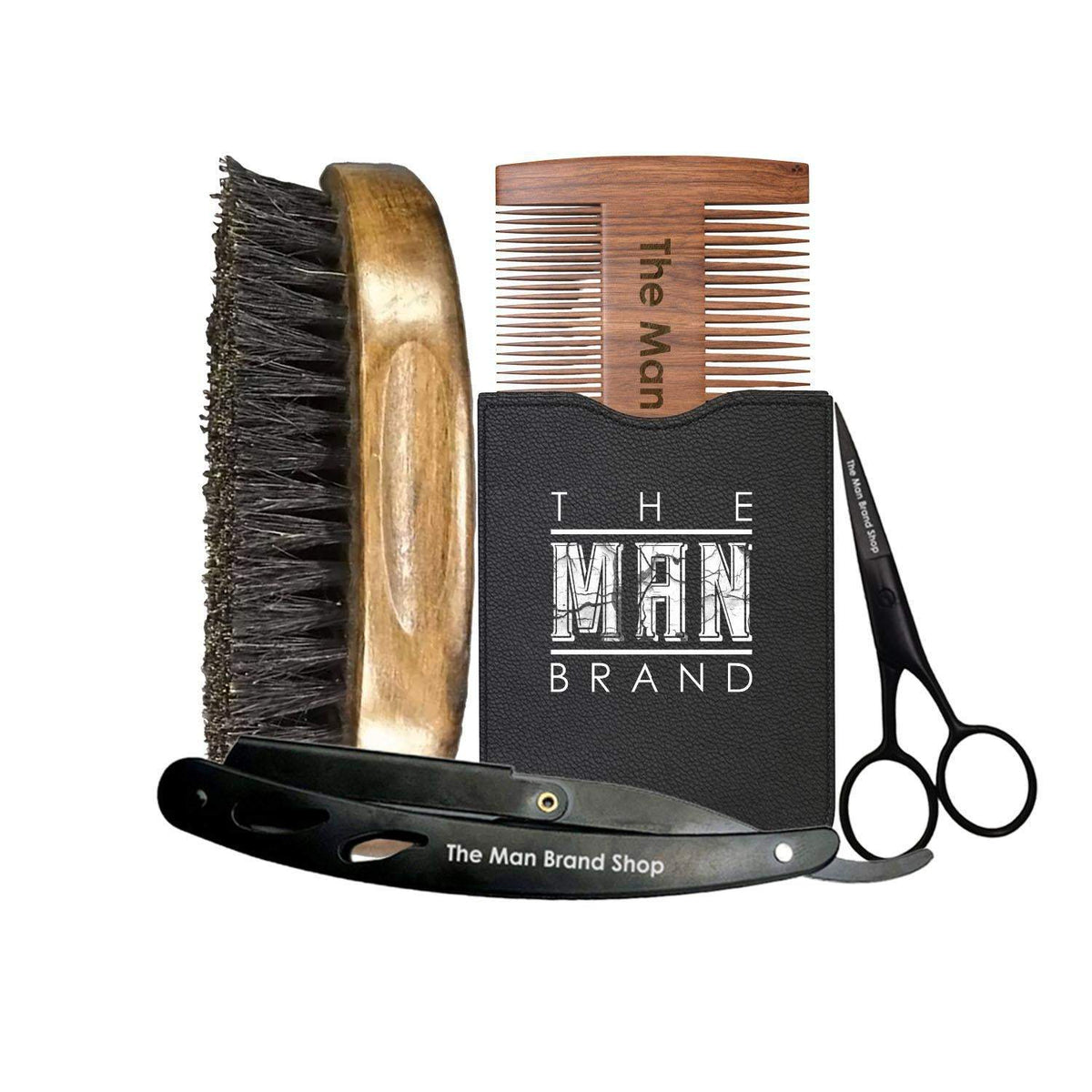 Essential Beard Care Accessories featuring a pear-wood brush and comb, black straight razor, and stainless-steel scissors in a grooming kit.