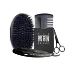 Essential Beard Comb Set with black-bristled brush, wide-tooth comb, folding straight razor and black grooming scissors.