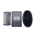 Essential Beard Comb Set with a black double-sided comb, dark fabric pouch, and oval brush with dense black bristles.