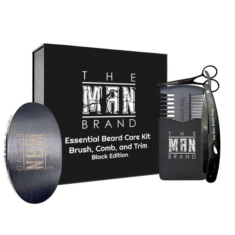 Essential Beard Comb Set with black wooden brush and comb, black metal scissors, and a matching storage box.