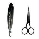 Essential Beard Comb Set, black grooming scissors and straight razor with branded blade cover, both with slim metal finishes.