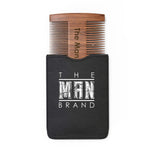 Essential Beard Comb Set with a brown wooden double-sided comb featuring fine and wide teeth in a black textured sleeve.