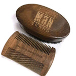 Essential Beard Comb Set with a brown wood oval brush and double-sided comb, featuring engraved branding and dark bristles.