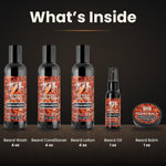 What's inside the Sandalwood Ultimate Beard Kit: beard wash, conditioner, lotion, balm and oil