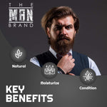 Gentlemen's Bourbon Beard Conditioner featuring a bearded man and icons highlighting natural, moisturizing, and conditioning benefits.